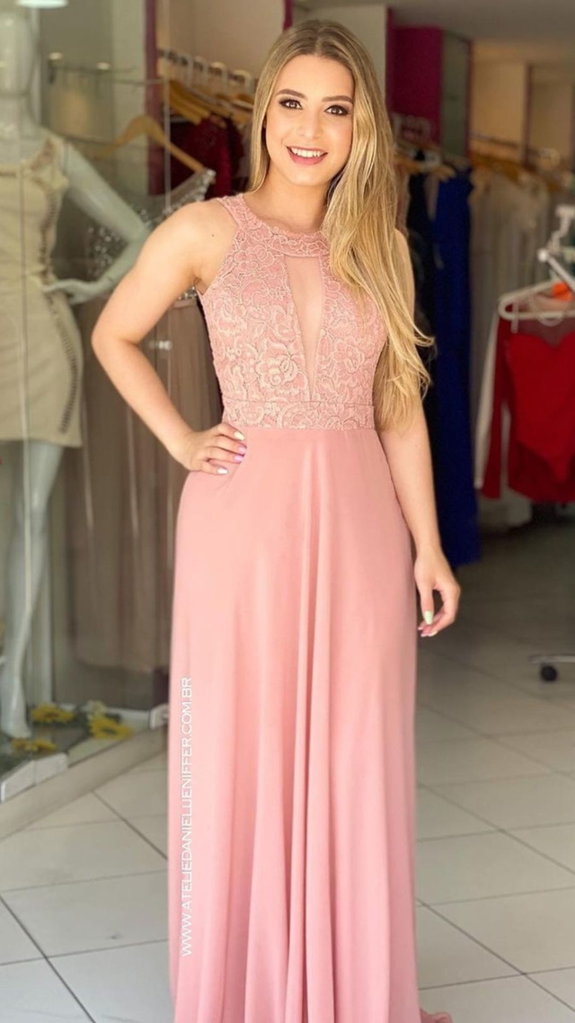 Vestido Longo Rose Nicole Com Decote