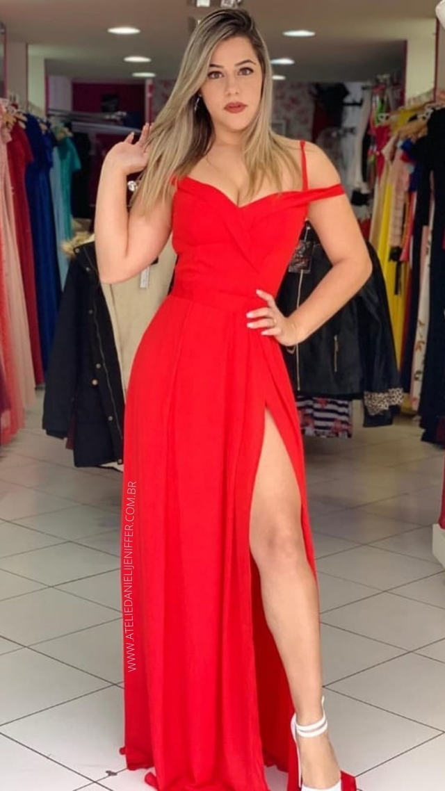 Vestido Longo Vermelho Ombro A Ombro Com Fenda Bel