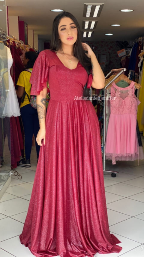 Vestido Marsala Madrinha Com Manga Curta Solta