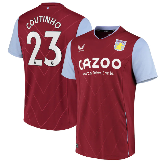 CAMISA ASTON VILLA HOME 22/23 PERSONALIZADA COUTINHO 23 VERMELHA