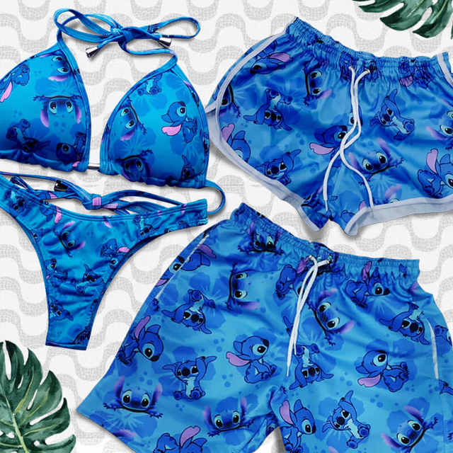 Kit Praia casal Stitch - shorts combinando moda praia