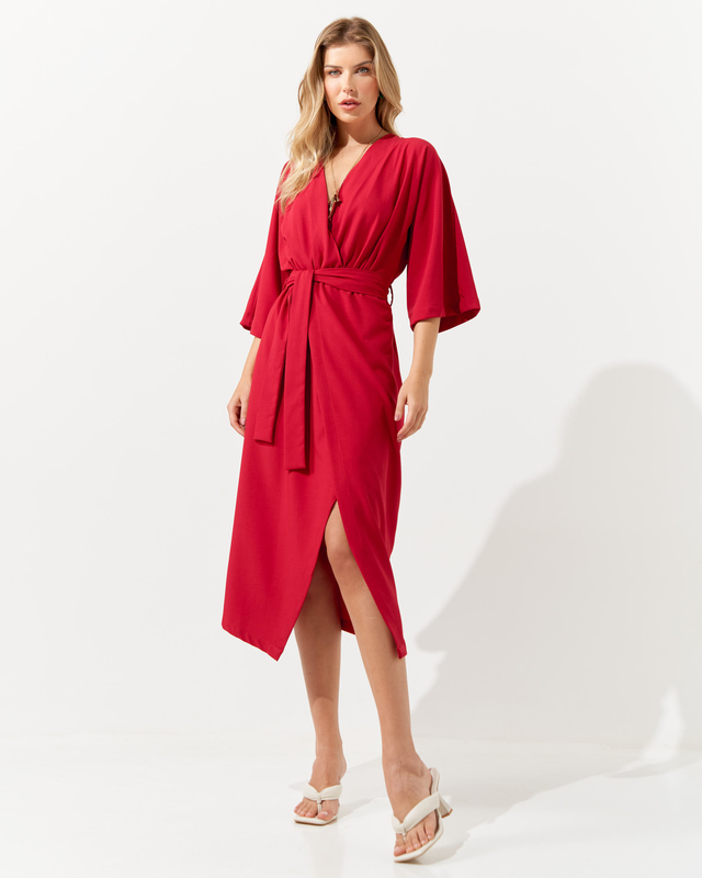 Vestido midi japonesa vermelho kimono