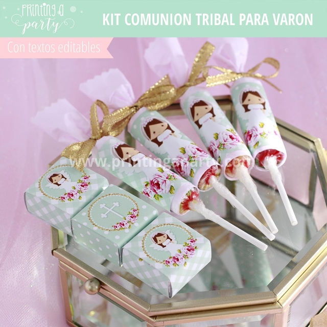 Kit imprimible gratis Comunión Niña Arrodillada candy bar