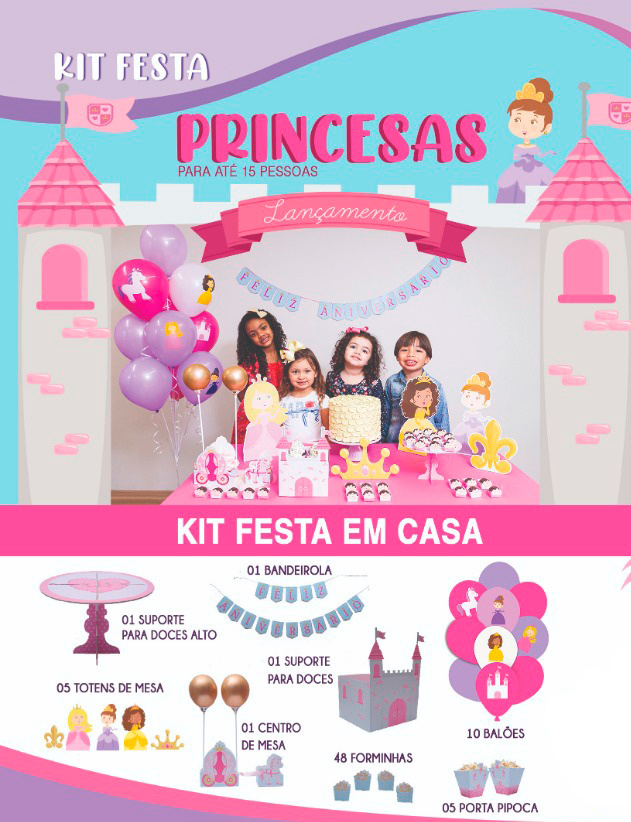 Kit Festa Princesas Disney Painel Topo de Bolo e Totens EVA