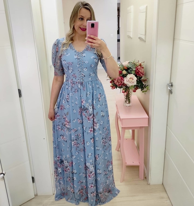 Vestido Longo Azul Floral - Comprar em Menina Chik