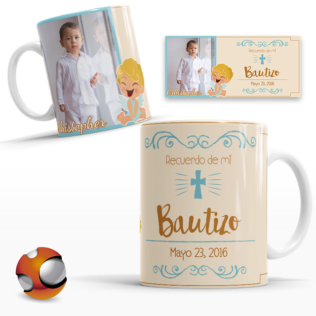 Recuerdos para Bautizo de niño con foto personalizada, Recuerdo de bautizo,  Mi Bautizo, Set 12 tazas personalizadas con 12 tarjetas de agradecimiento