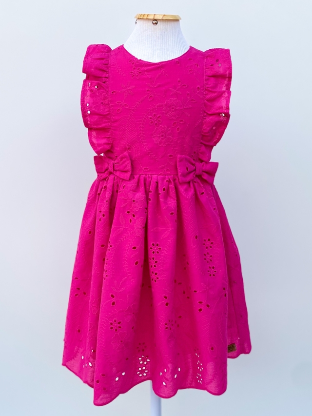 Vestido infantil de laise pink rosa bordado floral com barrado e babados e  laços tam 1