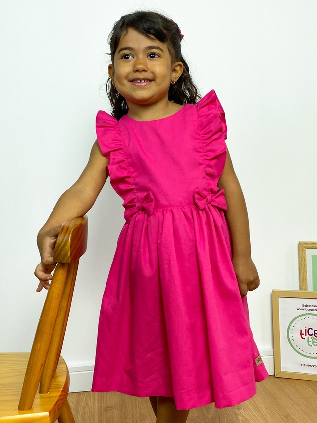 Vestido infantil menina regata rosa pink com babados e laço