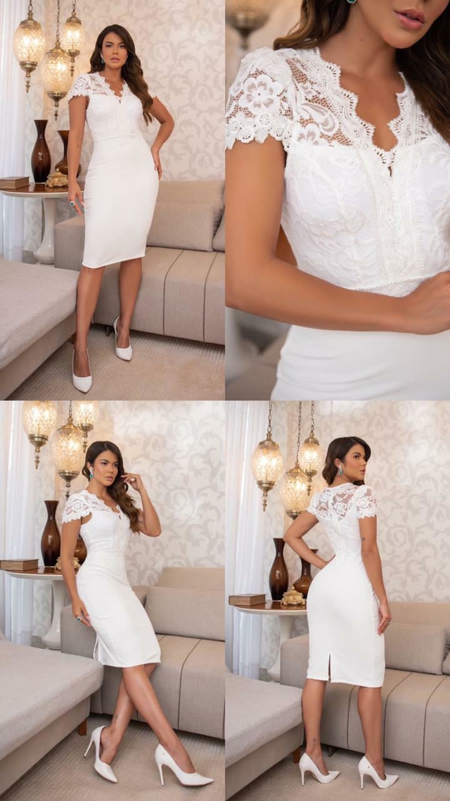 Vestido Midi tubinho branco com detalhes em renda Noiva