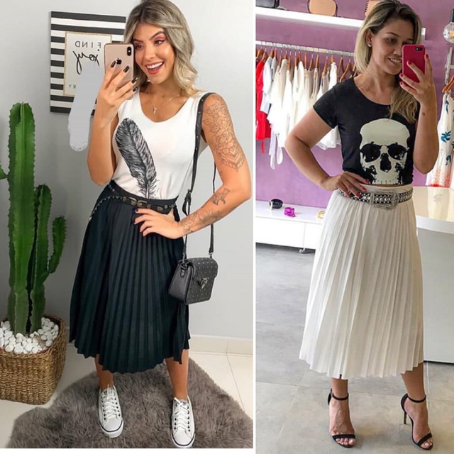 Saia midi hotsell plissada com cropped