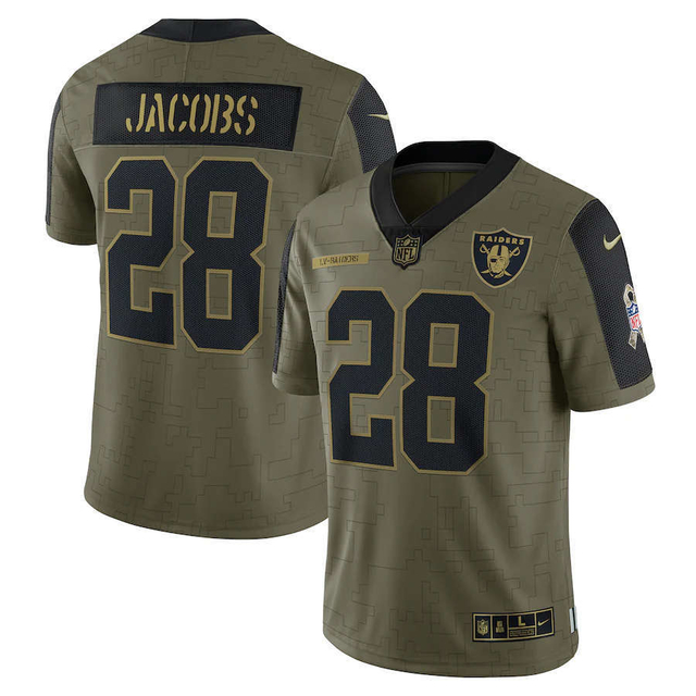 CAMISA FUTEBOL AMERICANO NFL LAS VEGAS RAIDERS-MASCULINA-SALUTE TO  SERVICE-Nº28 JACOBS 34 JACKSON