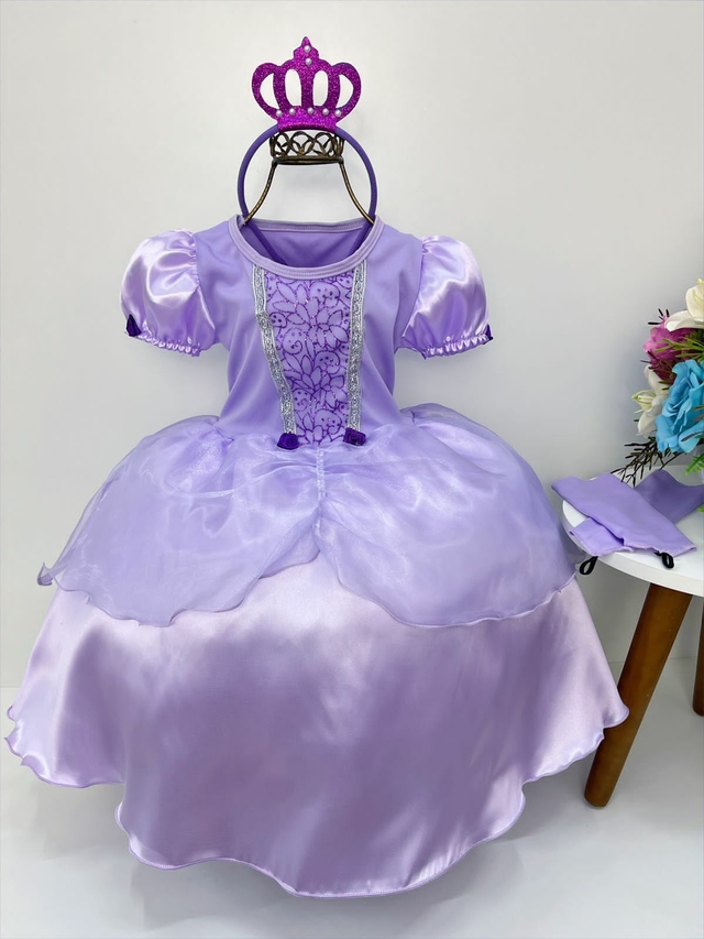 Fantasia Infantil Vestido Princesa Sofia Rapunzel Par Luvas e Tiara