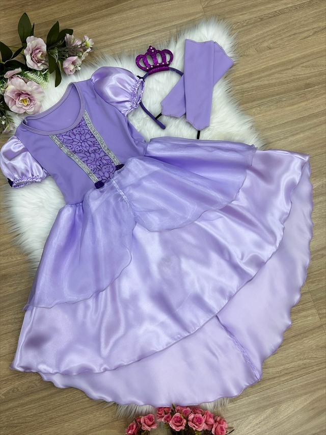 Vestido Infantil Princesa Sofia Rapunzel C/ Busto Trançado - Rosa