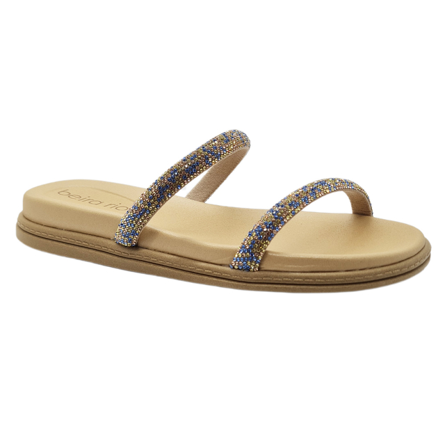 Papete Beira Rio Slide Tiras Strass Azul Dourado Nude