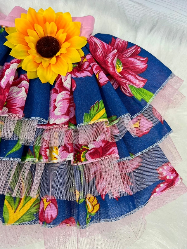 Saia Tutu Junina com Chita Azul Floral