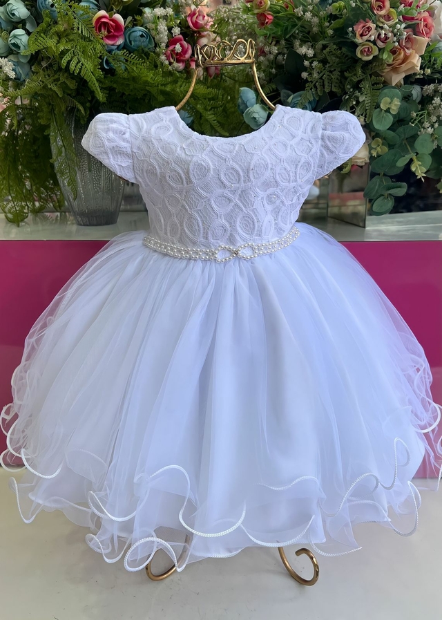 1096 Vestido Batizado Renda C/ Aplique Strass P.M.G