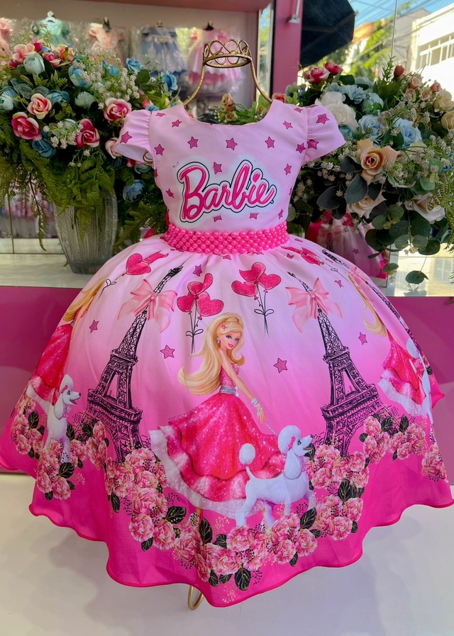 Vestido Infantil Barbie Rosa Luxuoso