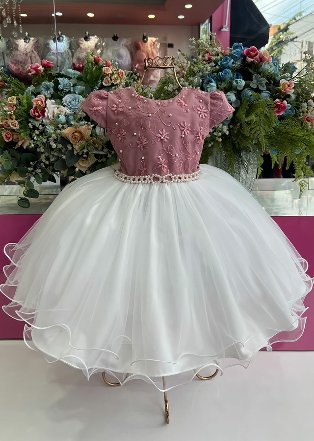 VESTIDO INFANTIL AZUL FLORES LUXO PRINCESA FESTA PÉROLAS