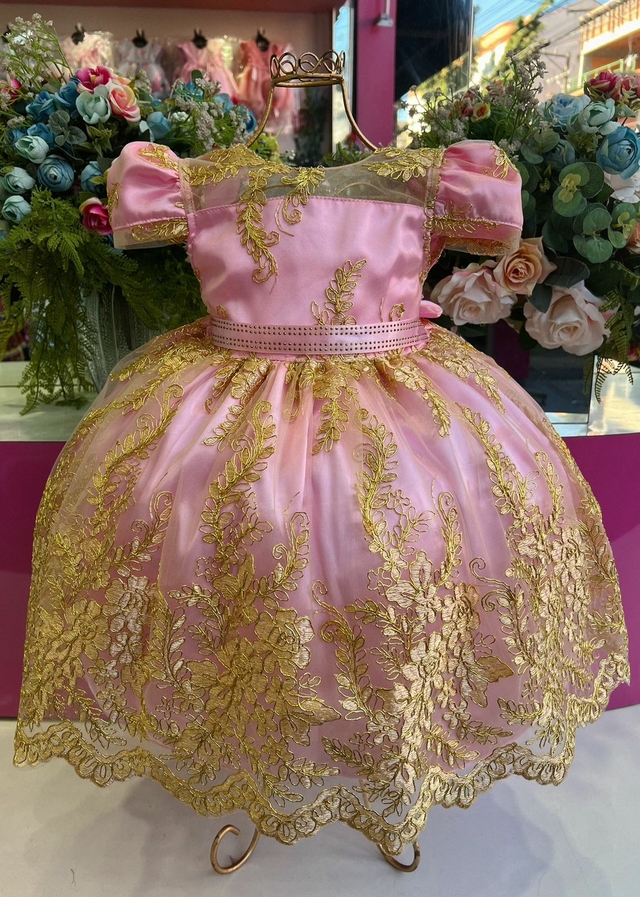 Vestido Infantil Rosa Dourado Realeza Princesa