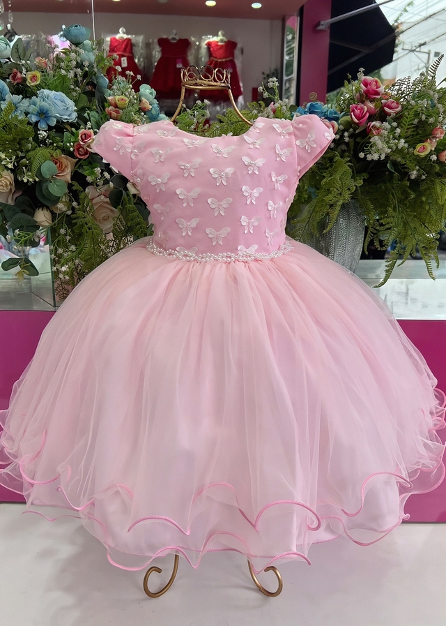 2103 Vestido Infantil de Festa Rosa Com Borboletas 1.2.3.4