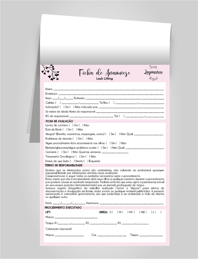 Ficha de Anamnese para Micropigmentação, Lash Lifting, 