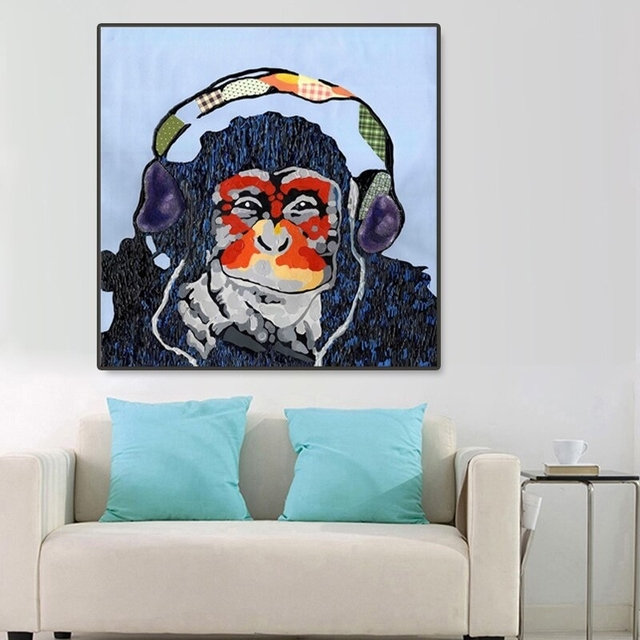 Quadro Decorativo Macaco Chimpanzé de Fone Sala Barato-M113