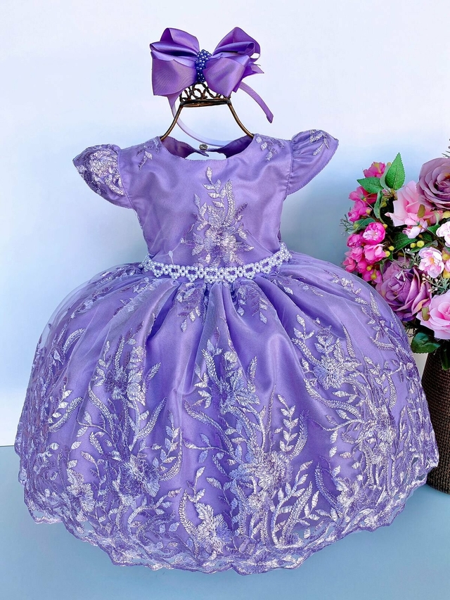 Vestido Infantil Princesa Sofia Lilás Aplique Pérolas Luxo