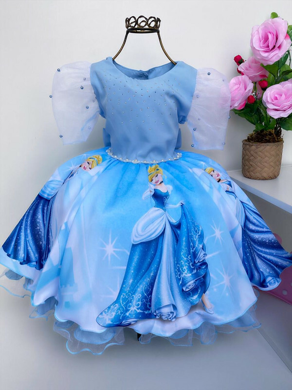 VESTIDO INFANTIL CINDERELA AZUL MANGAS LUXO FESTAS LUXO