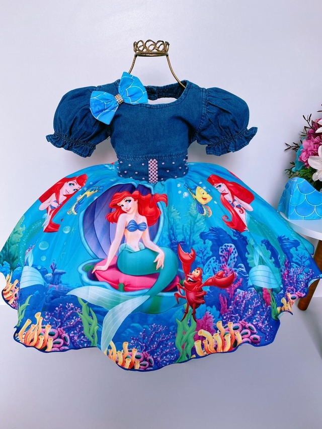 VESTIDO INFANTIL PRINCESA ARIEL PÉROLAS RENDA BRILHO