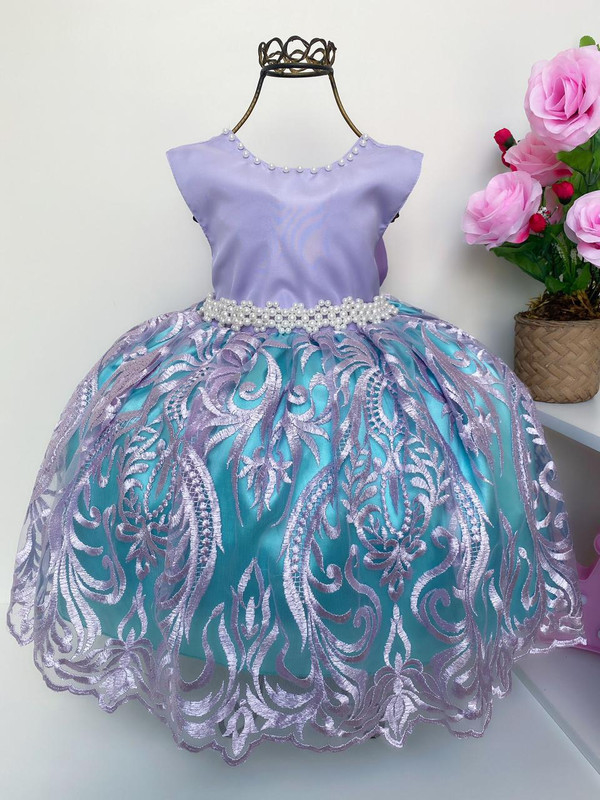 VESTIDO INFANTIL PRINCESA ARIEL PÉROLAS RENDA BRILHO