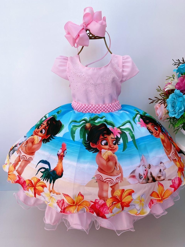 Vestido Infantil Moana Baby Luxo Princesas Renda e Pérolas - Rosa