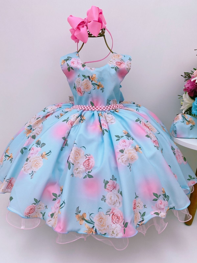 VESTIDO INFANTIL AZUL FLORES LUXO PRINCESA FESTA PÉROLAS