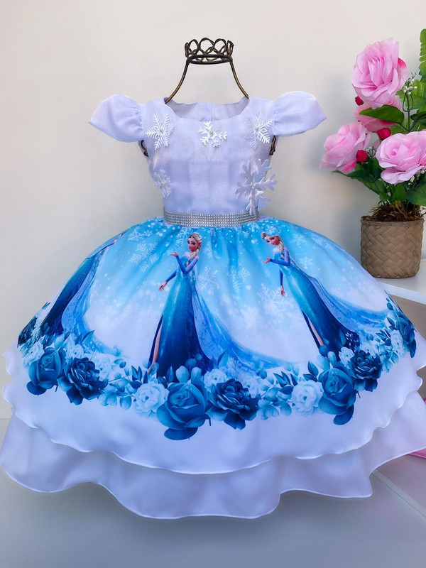 VESTIDO INFANTIL FROZEN AZUL PRINCESAS COM CAPA LUXO