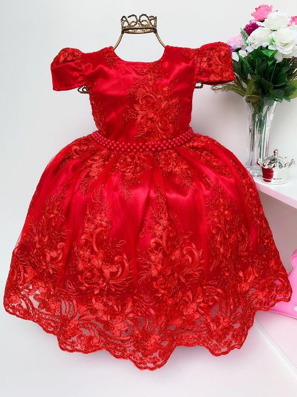 Vestido Infantil Vermelho Renda Princesas Realeza Luxo Festa