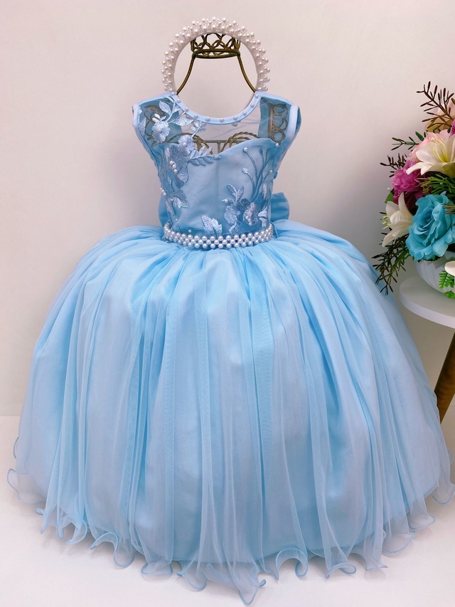 Vestido Infantil Longo Azul Bebê Strass Luxo Manga Princesa