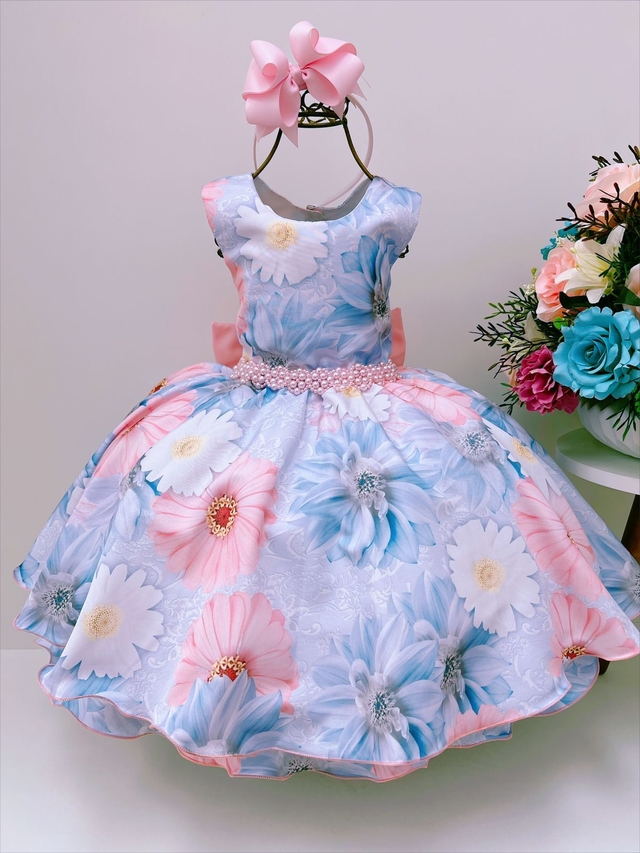 VESTIDO INFANTIL AZUL FLORES LUXO PRINCESA FESTA PÉROLAS