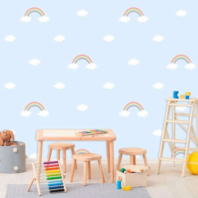 Papel De Parede Bebê Infantil Nuvem Chuva Nuvens Azul N4780