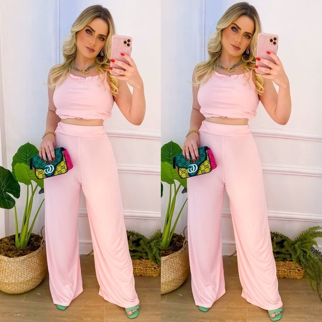 Conjunto Calça e Cropped em Malha Suede Cor: Rosa