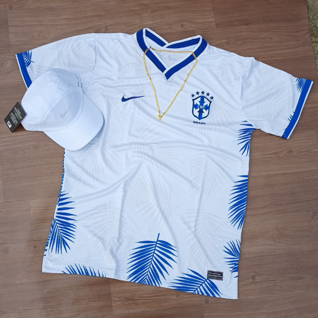Kit Nova Camisa Da Seleção Brasileira Branca Folhas de Palmeira + Boné nike  Branco Cordão Brinde!!