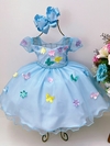 Vestido Infantil Azul Com Aplique Borboletas Flores Pérolas