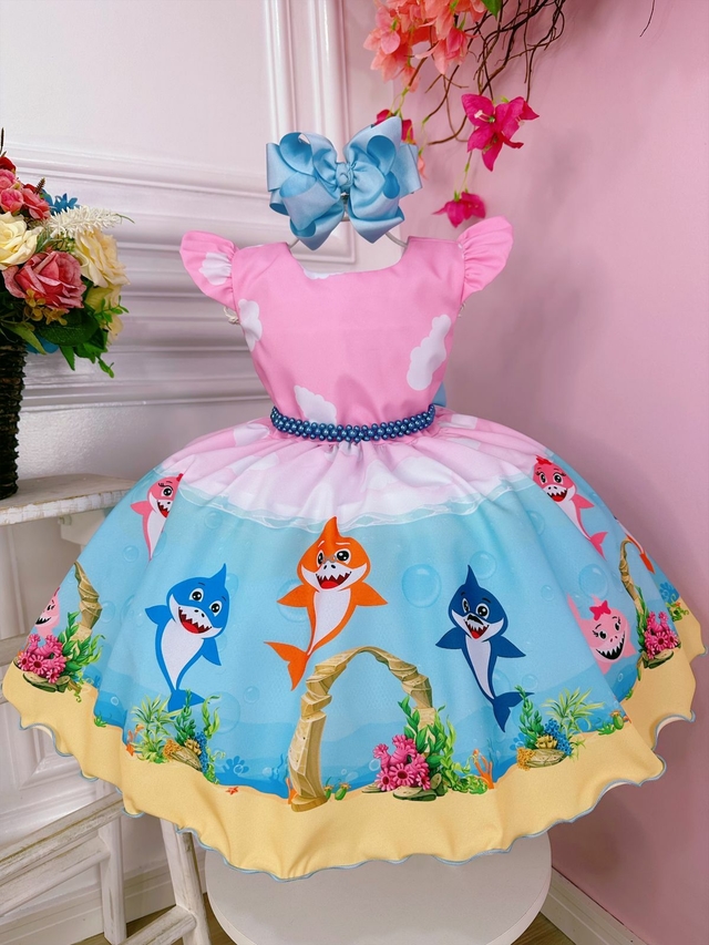 Vestido Infantil de Festa Fantasia Baby Shark Rosa