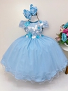 Vestido Infantil Azul Renda Com Aplique Borboletas e Flores