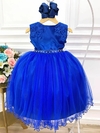 Vestido Infantil Azul Royal Renda Cinto com Strass e Pérolas