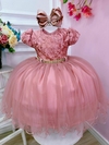 Vestido Infantil Rosê Busto Rendado e Cinto com Strass