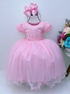 Vestido Infantil Rosa Rendado Strass e Pérolas Princesas