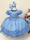 Vestido Infantil Azul Busto e Cinto de Strass Bolinhas