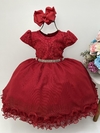 Vestido Infantil Vermelho Rendado Paetê Cinto de Strass