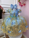 Vestido Infantil Festa Princesa Azul Realeza Jardim das Borboletas