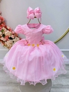 Vestido Infantil Rosa com Aplique de Margaridas Luxo