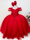 Vestido Infantil Longo Vermelho com Broche de Flor Cintura